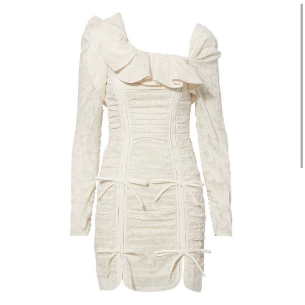 Self-Portrait Floral Fil-Coup Mini Dress Ruffle Ruched Wedding Ivory Longsleeve